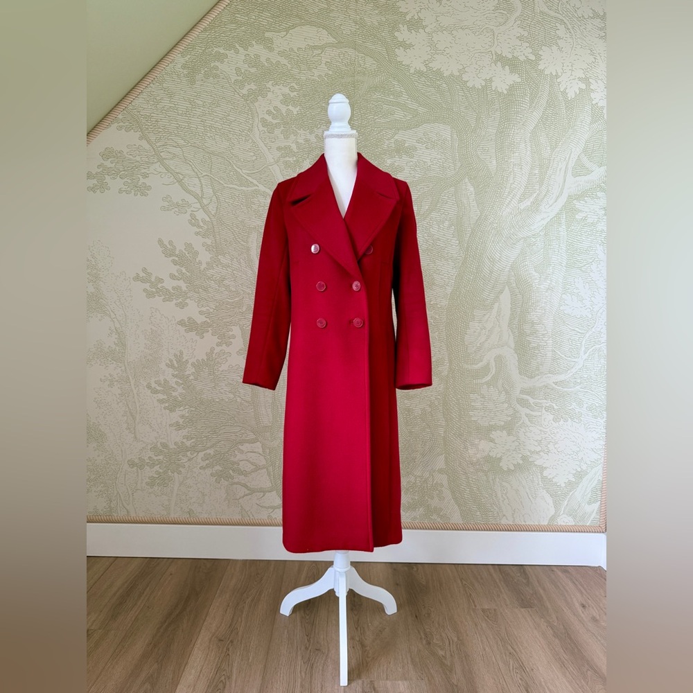 H&M Red Wool Blend Double-Breasted Midi Coat Classic Chic Outerwear size 6